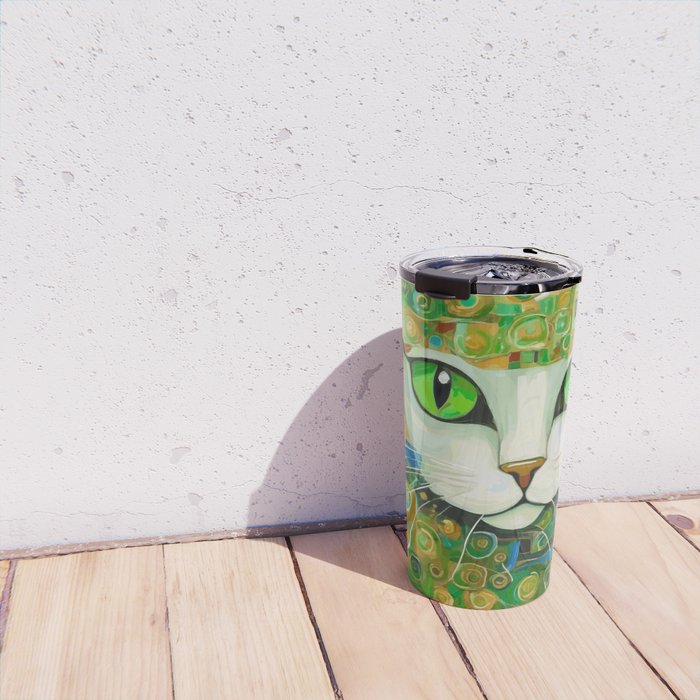 Klimt Cat with Bright Green Eyes Travel Mug Gallery Image 4