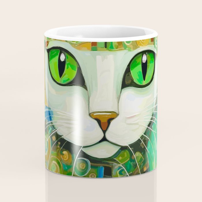 Klimt Cat with Bright Green Eyes Coffee Mug Gallery Image 4