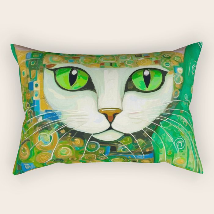 Klimt Cat with Bright Green Eyes Rectangular Pillow Gallery Image 2