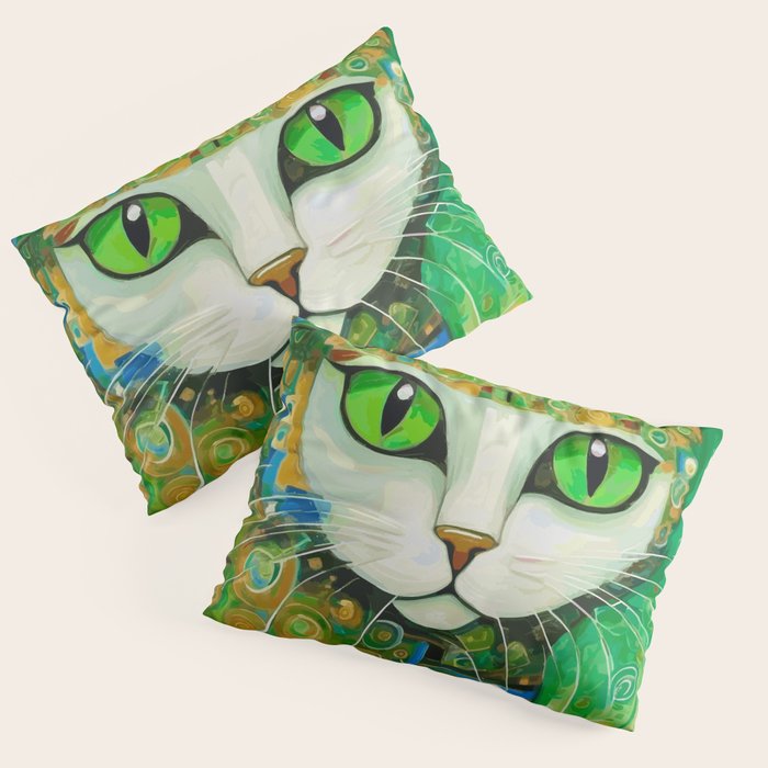 Klimt Cat with Bright Green Eyes Pillow Sham Gallery Image 1