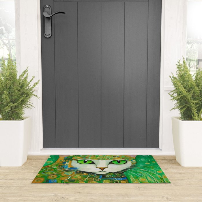 Klimt Cat with Bright Green Eyes Welcome Mat Gallery Image 3