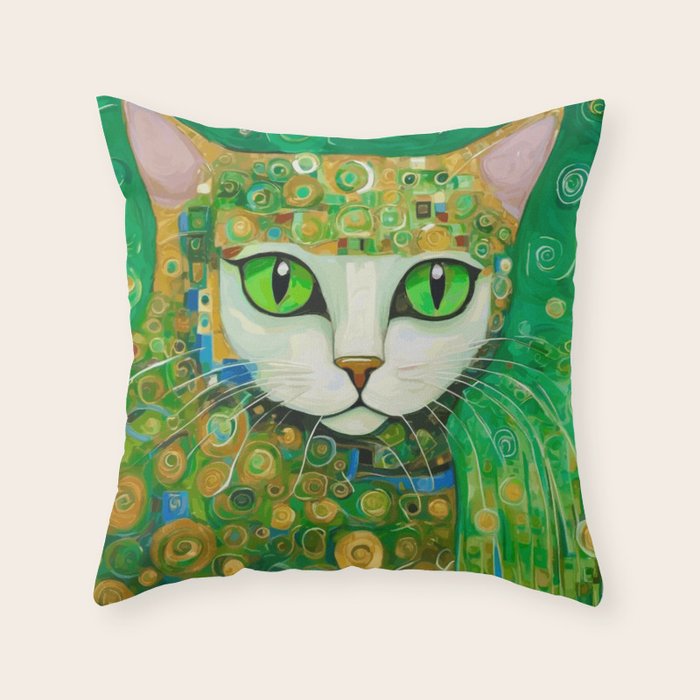 Klimt Cat with Bright Green Eyes Throw Pillow Gallery Image 6