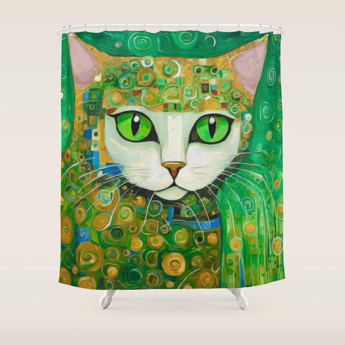 Klimt Cat with Bright Green Eyes Shower Curtain Gallery Image 1