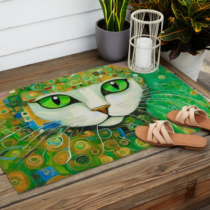 Klimt Cat with Bright Green Eyes Outdoor Rug Gallery Image 2