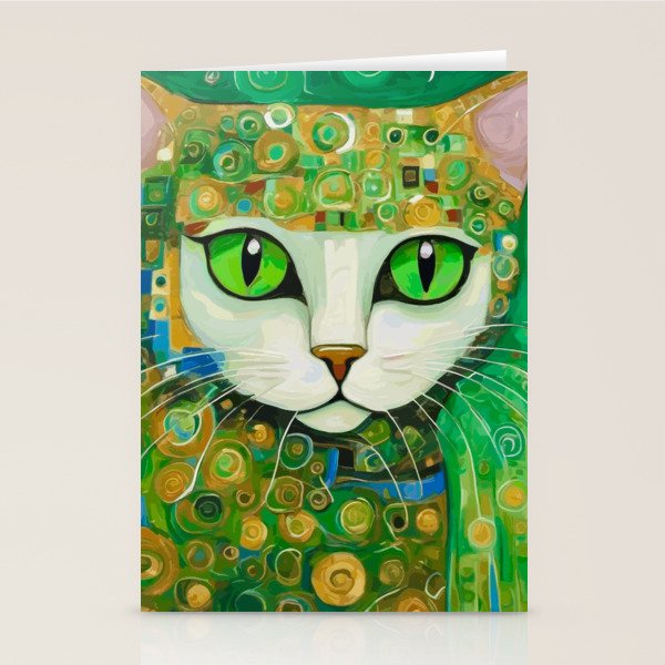 Klimt Cat with Bright Green Eyes Stationery Card Gallery Image 1