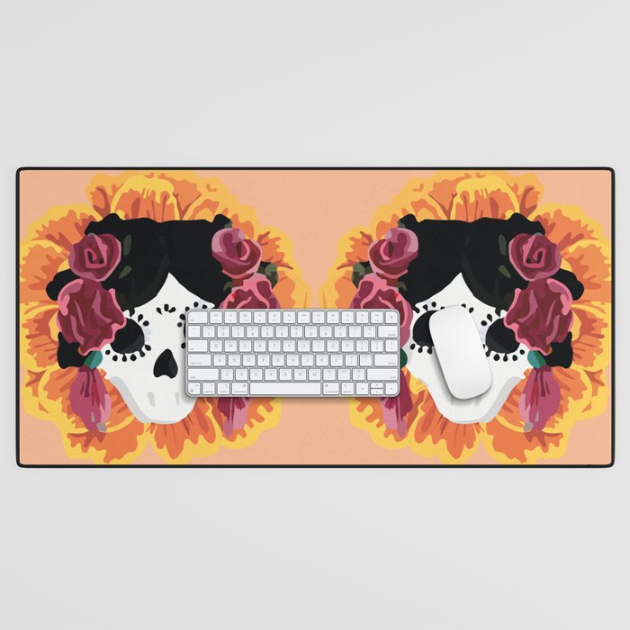 Catrina frida mexican kawaii cute sugar skull mexican style mexican flower marigold skeleton  Desk Mat Gallery Image 1