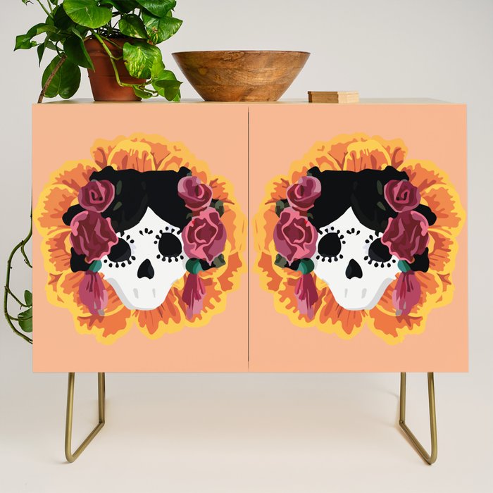 Catrina frida mexican kawaii cute sugar skull mexican style mexican flower marigold skeleton  Credenza Gallery Image 1