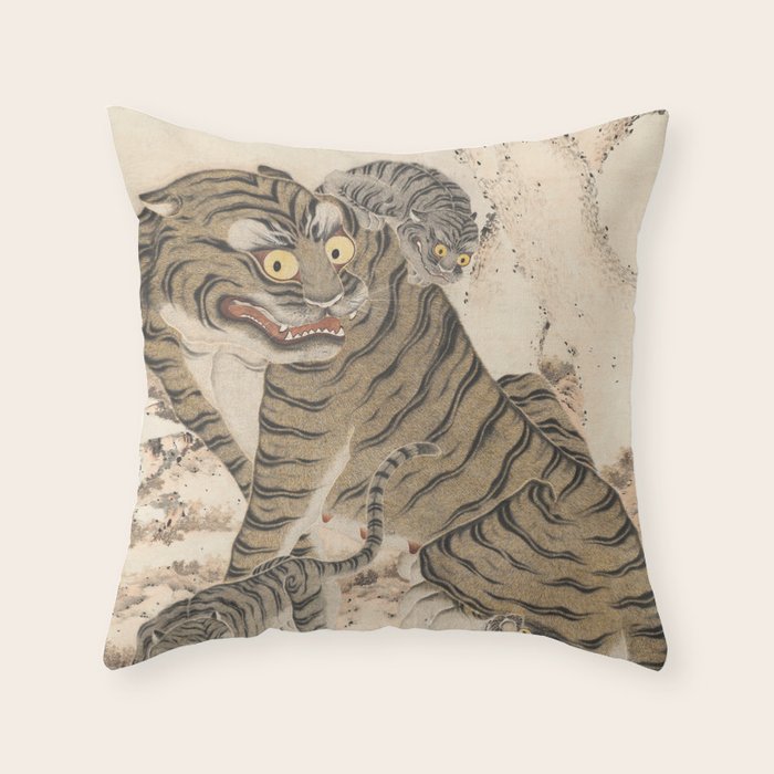 Tiger Family, Korean Art, 1800s Throw Pillow Gallery Image 1