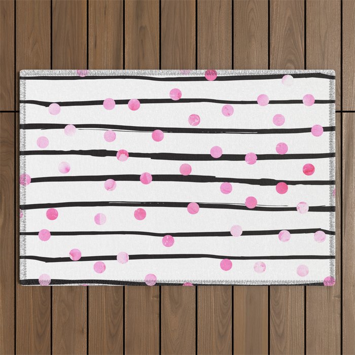 Blush pink black watercolor modern stripes polka dots Outdoor Rug Gallery Image 1