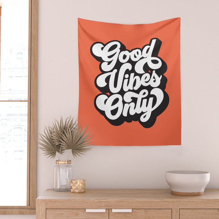 GOOD VIBES ONLY orange red black and white Wall Tapestry Gallery Image 2