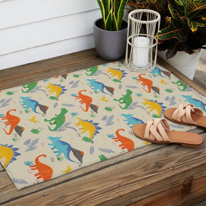 Jurassic Dinosaurs in Primary Colors Outdoor Rug Gallery Image 2
