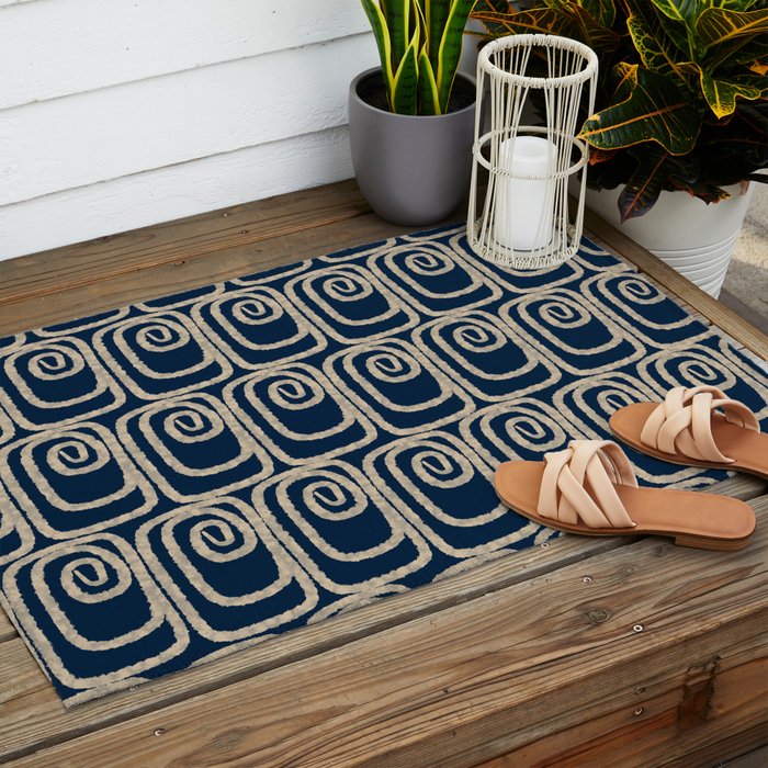 Mid Century Modern Twist Pattern in Mid Mod Navy Blue and Cream Beige Outdoor Rug Gallery Image 2