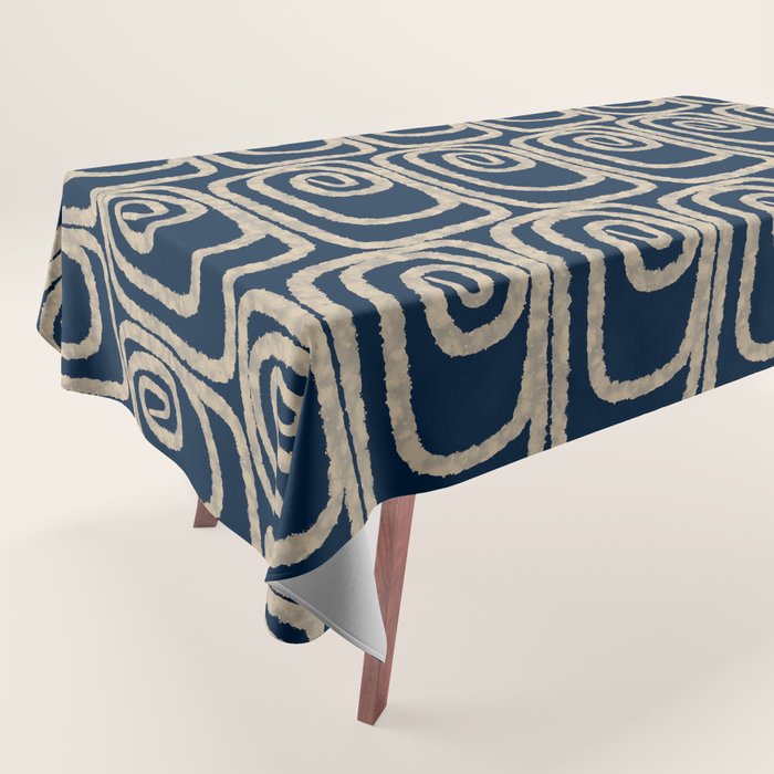 Mid Century Modern Twist Pattern in Mid Mod Navy Blue and Cream Beige Tablecloth Gallery Image 1
