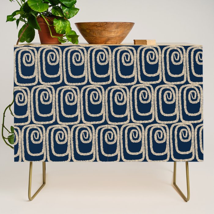 Mid Century Modern Twist Pattern in Mid Mod Navy Blue and Cream Beige Credenza Gallery Image 1