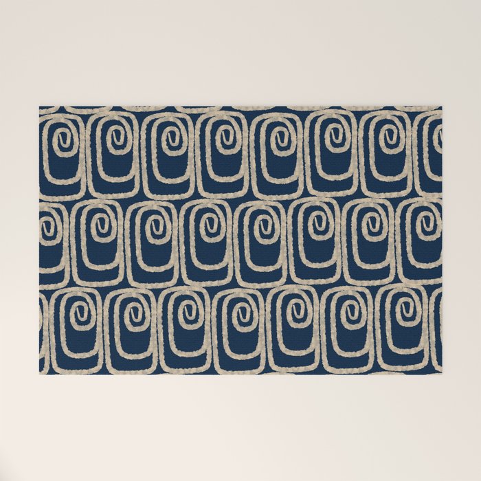 Mid Century Modern Twist Pattern in Mid Mod Navy Blue and Cream Beige Welcome Mat Gallery Image 1