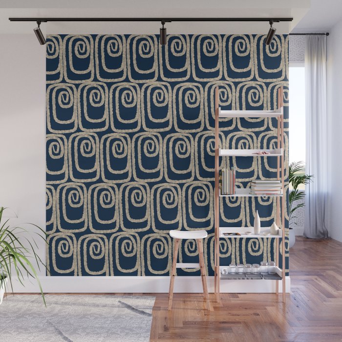 Mid Century Modern Twist Pattern in Mid Mod Navy Blue and Cream Beige Wall Mural Gallery Image 1