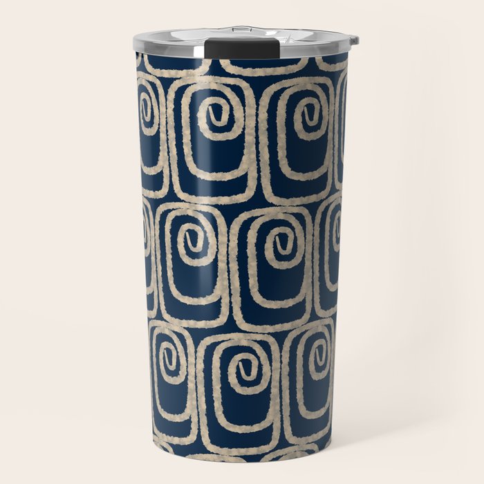 Mid Century Modern Twist Pattern in Mid Mod Navy Blue and Cream Beige Travel Mug Gallery Image 1