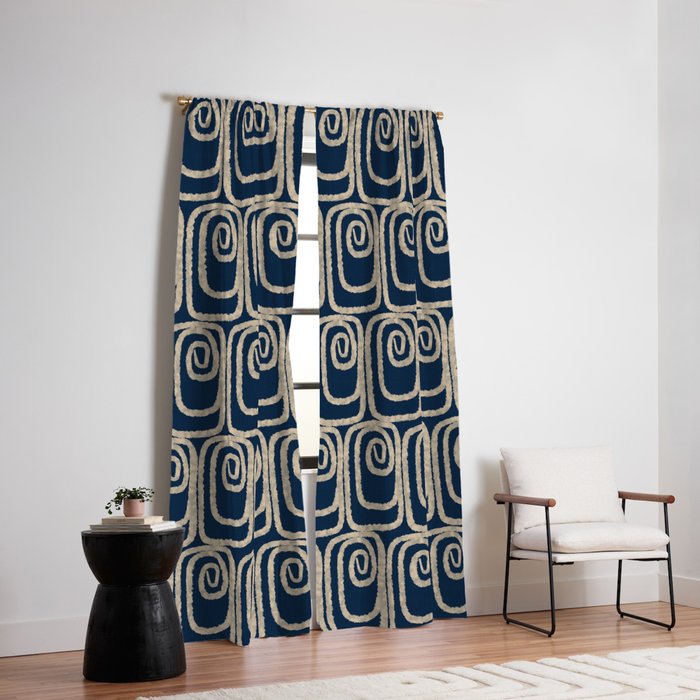Mid Century Modern Twist Pattern in Mid Mod Navy Blue and Cream Beige Window Curtain Gallery Image 2