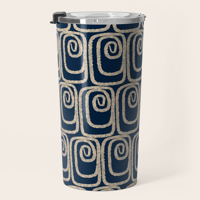 Mid Century Modern Twist Pattern in Mid Mod Navy Blue and Cream Beige Travel Mug Gallery Image 3