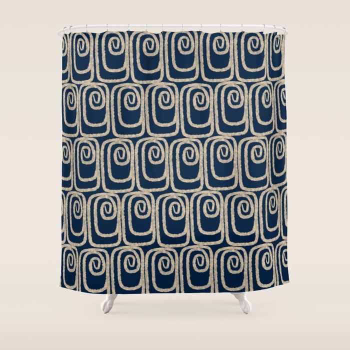Mid Century Modern Twist Pattern in Mid Mod Navy Blue and Cream Beige Shower Curtain Gallery Image 1