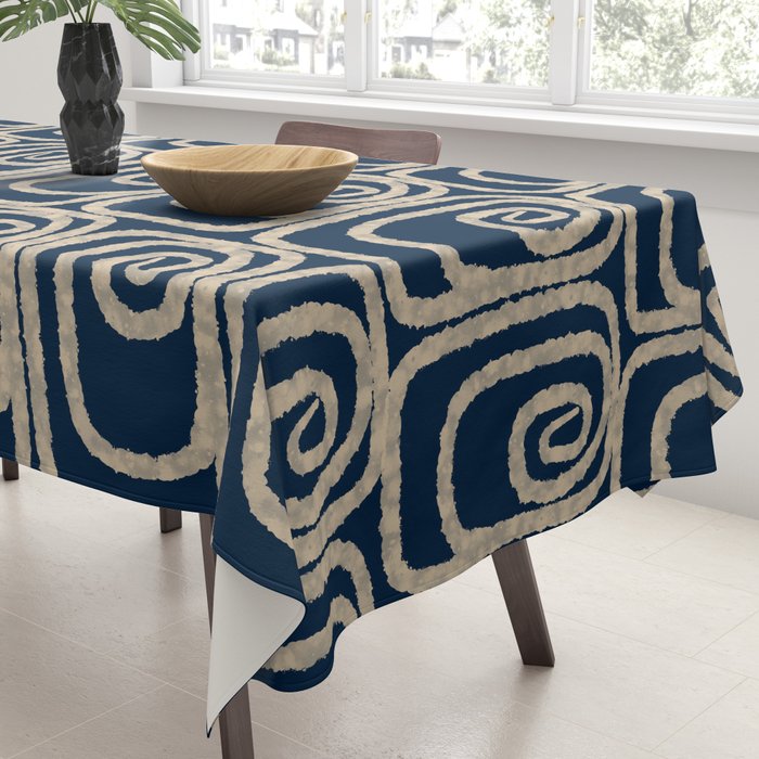 Mid Century Modern Twist Pattern in Mid Mod Navy Blue and Cream Beige Tablecloth Gallery Image 3