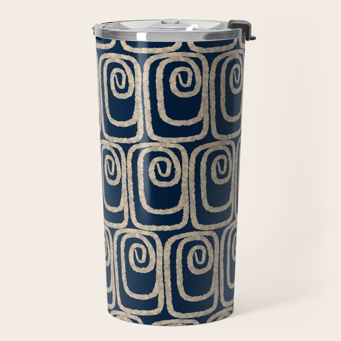 Mid Century Modern Twist Pattern in Mid Mod Navy Blue and Cream Beige Travel Mug Gallery Image 2