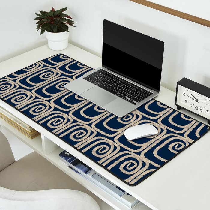 Mid Century Modern Twist Pattern in Mid Mod Navy Blue and Cream Beige Desk Mat Gallery Image 2