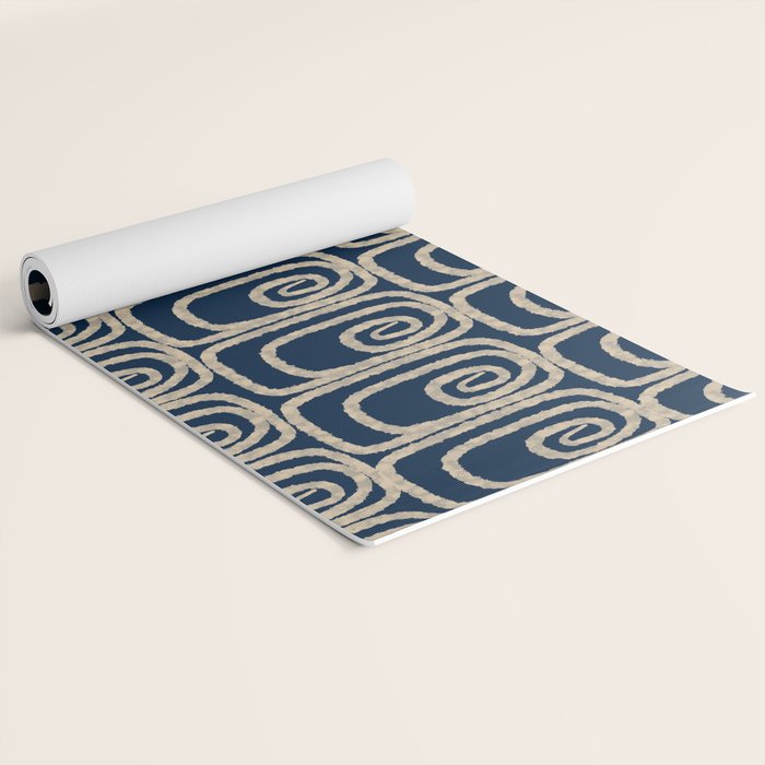 Mid Century Modern Twist Pattern in Mid Mod Navy Blue and Cream Beige Yoga Mat Gallery Image 2