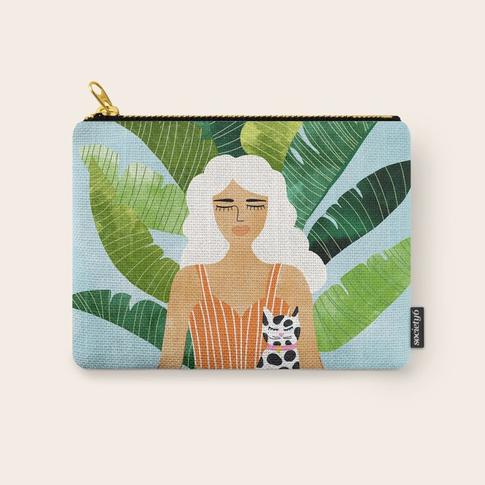 Meditation With Thy Cat Poster | Blonde Woman of Color | Tropical Banana Leaves Quirky Pet Workout  Carry All Pouch Gallery Image 1