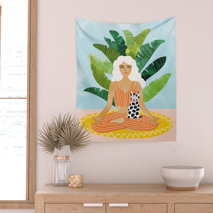 Meditation With Thy Cat Poster | Blonde Woman of Color | Tropical Banana Leaves Quirky Pet Workout  Wall Tapestry Gallery Image 2