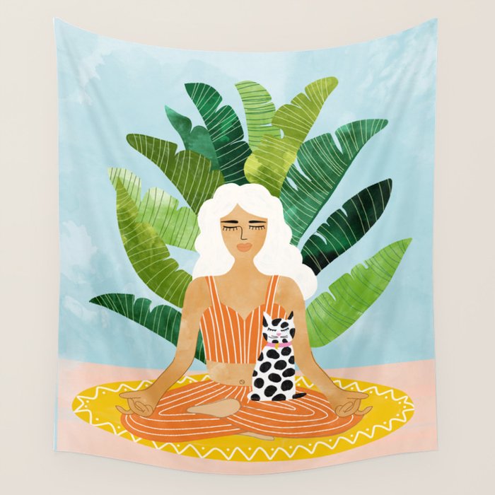 Meditation With Thy Cat Poster | Blonde Woman of Color | Tropical Banana Leaves Quirky Pet Workout  Wall Tapestry Gallery Image 4