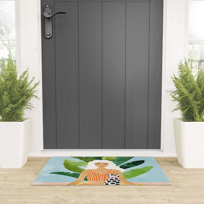 Meditation With Thy Cat Poster | Blonde Woman of Color | Tropical Banana Leaves Quirky Pet Workout  Welcome Mat Gallery Image 3