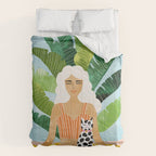 Meditation With Thy Cat Poster | Blonde Woman of Color | Tropical Banana Leaves Quirky Pet Workout  Comforter Gallery Image 6