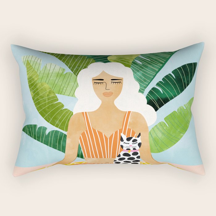 Meditation With Thy Cat Poster | Blonde Woman of Color | Tropical Banana Leaves Quirky Pet Workout  Rectangular Pillow Gallery Image 2