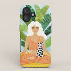 Meditation With Thy Cat Poster | Blonde Woman of Color | Tropical Banana Leaves Quirky Pet Workout  iPhone Case Gallery Image 1