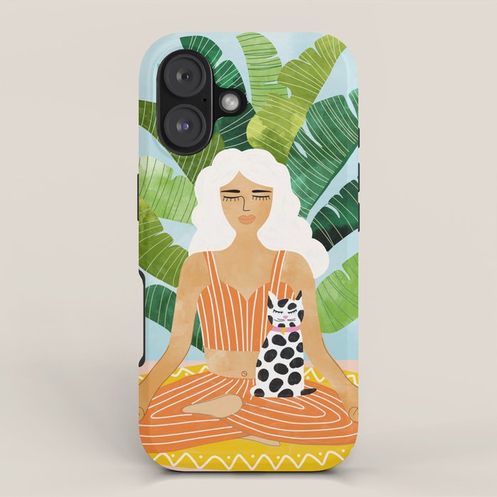 Meditation With Thy Cat Poster | Blonde Woman of Color | Tropical Banana Leaves Quirky Pet Workout  iPhone Case Gallery Image 1