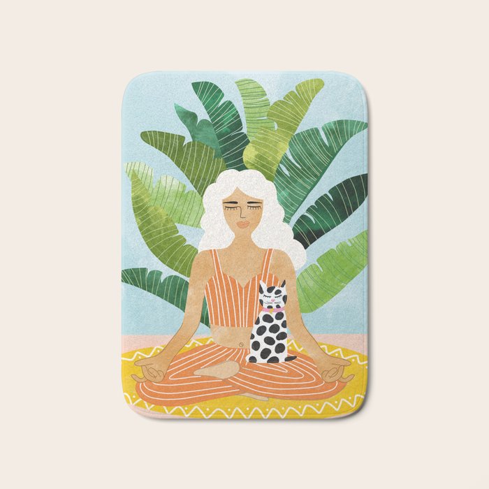Meditation With Thy Cat Poster | Blonde Woman of Color | Tropical Banana Leaves Quirky Pet Workout  Bath Mat Gallery Image 1