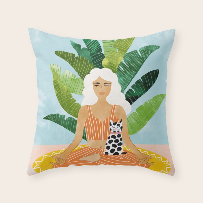 Meditation With Thy Cat Poster | Blonde Woman of Color | Tropical Banana Leaves Quirky Pet Workout  Throw Pillow Gallery Image 6