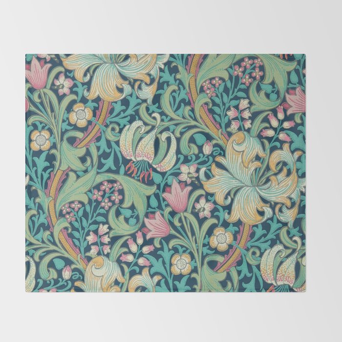 William Morris Golden Lily Bright Green Gold Pink Throw Blanket Gallery Image 2