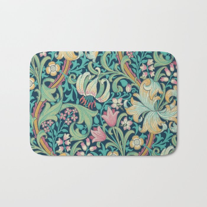 William Morris Golden Lily Bright Green Gold Pink Bath Mat Gallery Image 1