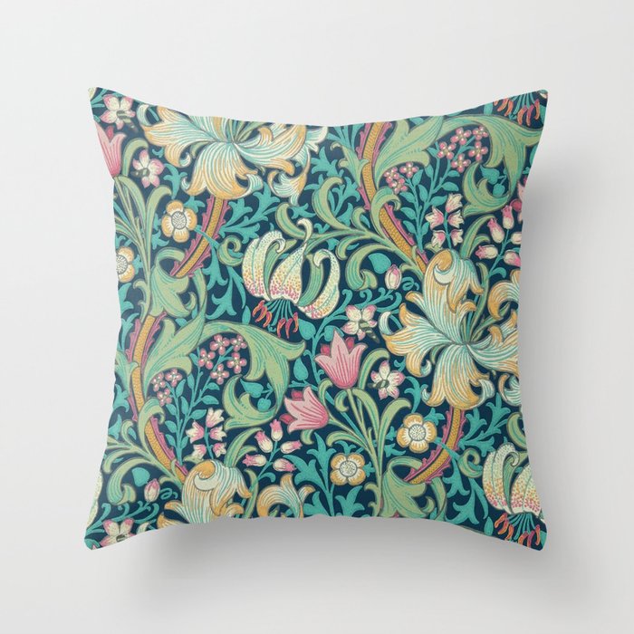 William Morris Golden Lily Bright Green Gold Pink Throw Pillow Gallery Image 1