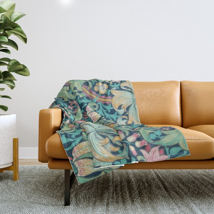 William Morris Golden Lily Bright Green Gold Pink Throw Blanket Gallery Image 1