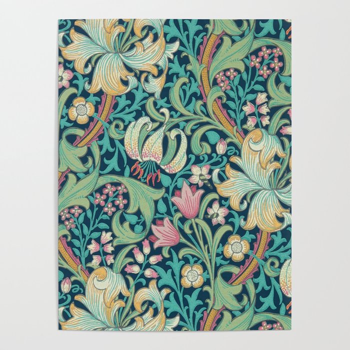 William Morris Golden Lily Bright Green Gold Pink Poster Gallery Image 4
