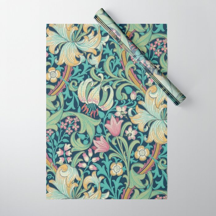 William Morris Golden Lily Bright Green Gold Pink Wrapping Paper Gallery Image 1