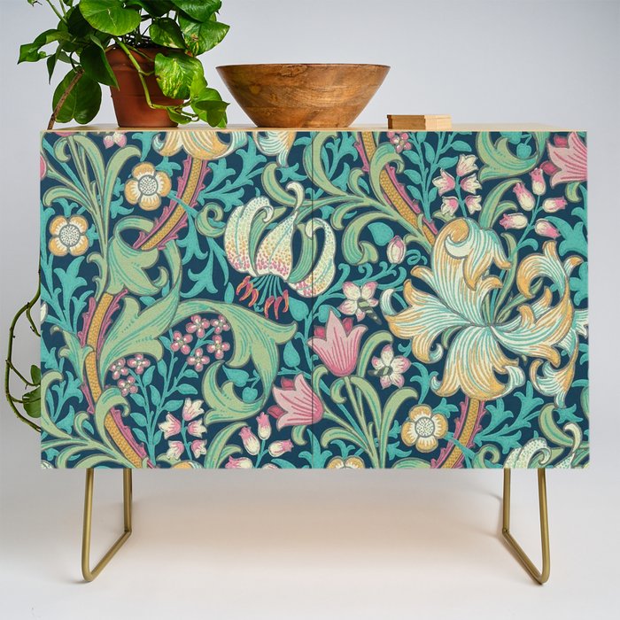 William Morris Golden Lily Bright Green Gold Pink Credenza Gallery Image 1