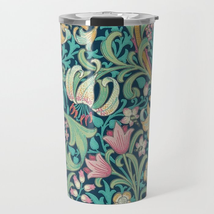 William Morris Golden Lily Bright Green Gold Pink Travel Mug Gallery Image 1