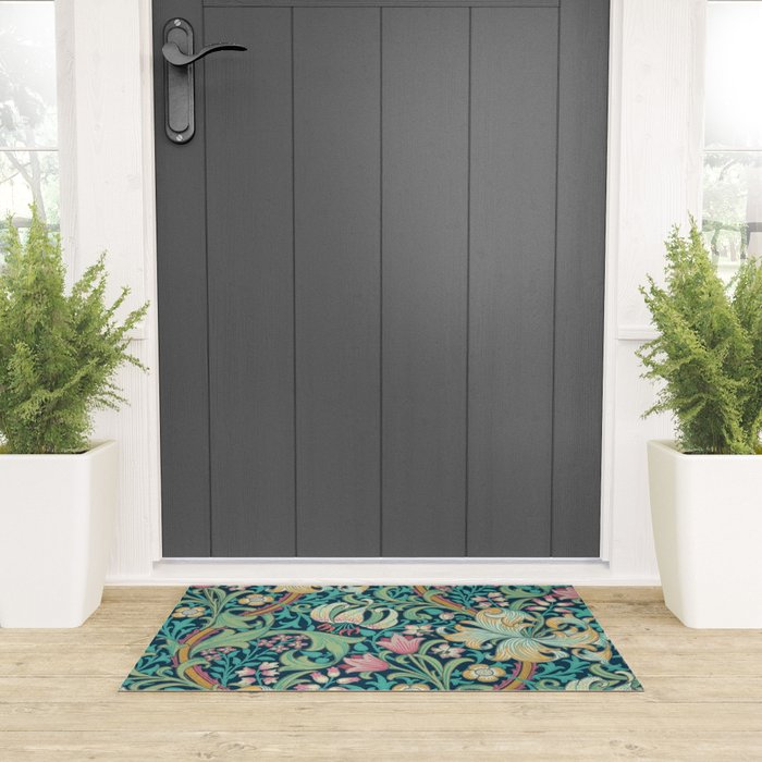 William Morris Golden Lily Bright Green Gold Pink Welcome Mat Gallery Image 3