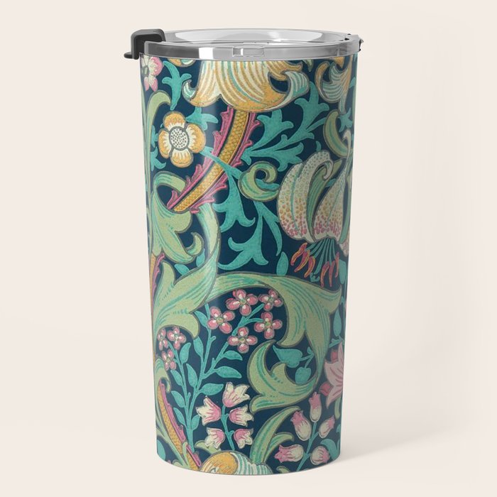 William Morris Golden Lily Bright Green Gold Pink Travel Mug Gallery Image 3