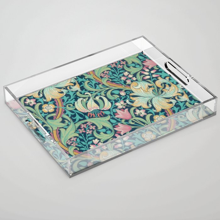 William Morris Golden Lily Bright Green Gold Pink Acrylic Tray Gallery Image 1