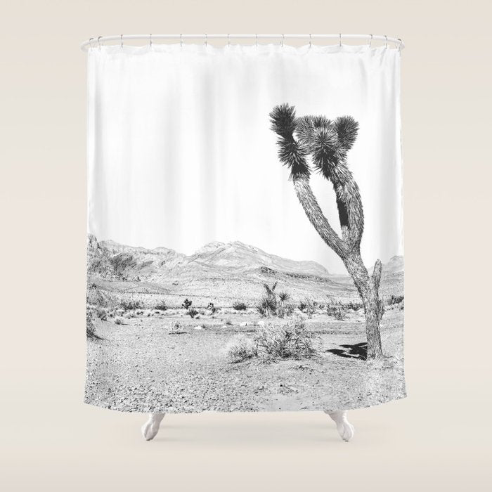 Vintage Desert Scape B&W // Cactus Nature Summer Sun Landscape Black and White Photography Shower Curtain Gallery Image 1